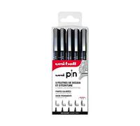 Mitsubishi Pencil - 5 Feutres d’Écriture et de Dessin Uni-Pin - Pochette Pointes Calibrées Paires Très Fines à Moyennes - Pour Écrire, Dessiner, Tracer, Encrer - Encre Noire