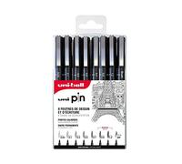 Mitsubishi Pencil - 8 Feutres d’Écriture et de Dessin Uni-Pin - Pochette Pointes Calibrées Ultra-Fines à Larges et Brush - Pour Écrire, Dessiner, Tracer, Encrer - Encre Noire
