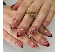 Mittellange mandelförmige Press-on-Nägel - 3D-Kirschen mit Goldzweig, roten French Tips & Leopardenmuster, glänzend & wiederverwendbar (24 Stück inkl. Kleber & Tools)