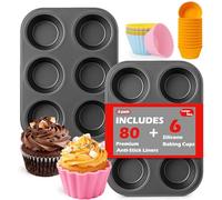 Mity rain Lot de 2 moules à muffins Jumbo en acier au carbone de qualité supérieure pour 6 cupcakes, avec 80 doublures en papier anti-adhésif et 6 doublures en silicone réutilisables, idéal pour les