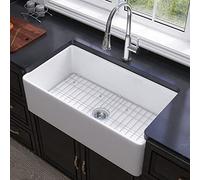 Miuara Évier de cuisine réversible de 83,8 x 45,7 x 25,4 cm, installation encastrée, bol simple de style ferme, argile réfractaire solide, blanc brillant, pour cuisine