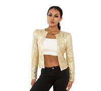 Miucchy Femme Sexy Boléro à Paillettes en Sequins Veste en Blazer Glitzer Manches Longues Cardigan Court pour la Fête, doré, XL