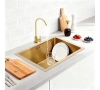MIUKYUI Évier de cuisine moderne de qualité supérieure - En acier inoxydable 304 - Rectangulaire - 55 cm de large - Avec protection contre la condensation et raccords d'eau chaud/froid séparés - Doré