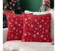 MIULEE Housses de Coussins Noël Fausse Fourrure Doux en Polyester Décoratif en Motifs de Flocon de Neige Brillants Moderne Décorer pour Salon Bureau Canapé 2 Pièces 45x45CM Rouge