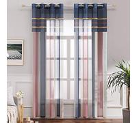 MIULEE Lot de 2 Rideaux Oeillet Voilage Moustiquaire Broderie d'impression de Rayure en Polyester Rideaux de Fenêtre Décoratives pour Salon Chambre Toilettes Bleu+Rose 140x245 CM