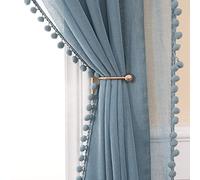 MIULEE Rideau Voilage Bleu avec Boule Peluche, Decoration Rideau Chambre Garcon Salon Lot de 2 (2X L140 x H260 cm), Voilages Fenetre Intérieurs Passe Tringle, Rideaux à Pompons Chambre