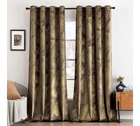 MIULEE Velours feuille dorée œillets 2p L140 H280 Taupe Marron | Rideau velours doux occultant à œillets avec motifs feuilles dorées, déco salon et chambre