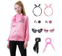Miulruma Pink Ladies A019L Tenue des années 50 pour femme Veste en satin avec legging noir Lunettes Boucles d'oreilles Halloween Carnaval Costume de fête