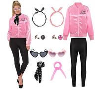 Miulruma Pink Ladies A019M Costume pour femme avec veste en satin et legging noir, lunettes et boucles d'oreilles pour Halloween, carnaval, fête costumée