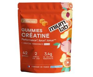 Mium Lab - Gummies Créatine Monohydrate - Performance, Force & Tonus - Creatine Monohydrate 3 400 mg + Vitamine D3 - Sans Sucres - Goût Orange Pêche - 42 Gummies - 21 Jours - Fabriqué en France