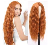 Miuric Perruque roux de 76,2 cm de long et ondulée orange pour femme, perruque bou cuivrée auburn avec raie au milieu, fibre synthétique résistante à la chaleur, perruque marron rougeâtre pour