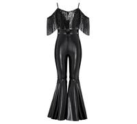 Miutii Combinaison métallique brillante pour fille - Avec pantalon évasé à franges - Tenue disco des années 70 et 80 - Jazz Hippie - Costume de danse, Noir , 122-128