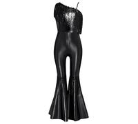 Miutii Combinaison métallique brillante pour fille - Combinaison des années 70 et 80 - Costume disco - Jazz Hippie - Costume de danse - Carnaval - Noir - 110-116