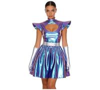 Miutii Costume d'alien pour femme - Robe métallique Space Girl avec gants - Effet mouillé - Mini robe de fête pour Halloween - Costume de carnaval - Bleu - Taille L