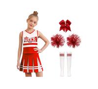 Miutii Costume de cheer leader 5 pièces pour fille - Robe de pom-pom girl sans manches - Robe de danse avec pompons, chaussettes, bandeau, Halloween, carnaval, danse - Rouge et blanc - 116-122