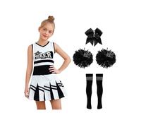 Miutii Costume de cheer leader 5 pièces pour fille - Robe de pom-pom girl sans manches - Robe de danse avec pompons, chaussettes, bandeau, Halloween, carnaval, danse - Noir - 122-128
