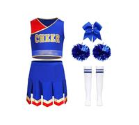 Miutii Costume de cheer leader 5 pièces pour fille - Sans manches - Crop Tops avec jupe à pompons - Chaussettes - Robe de pom-pom girl - Robe d'Halloween - Carnaval - Bleu roi - 122-128