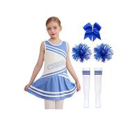 Miutii Costume de Cheer Leader pour fille 5 pièces. Haut court avec pompons, chaussettes, bandeau, pom-pom girl, costume d'Halloween, carnaval, danse, bleu, taille 122-128
