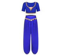Miutii Costume de danse du ventre pour femme - Crop top, haut et pantalon sarouel, oriental, indien, bleu roi, taille L
