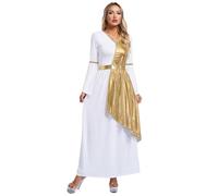 Miutii Costume de déesse grecque pour femme - Robe grecque blanche métallisée - Manches longues - Antique - Toga Eldes - Vêtements romains - Fête à thème - Spectacle - Costume de danse - Doré - Taille