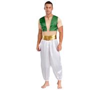 Miutii Costume de prince arabe en satin pour homme - Veste + chemise + pantalon sarouel oriental - Costume de prince arabe oriental - Costume d'Halloween et de carnaval - Vert - Taille XL