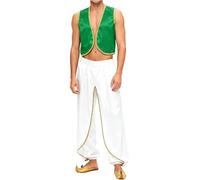 Miutii Costume de prince arabe en satin pour homme - Veste + pantalon sarouel oriental - Costume de danse du ventre - Halloween - Costume de carnaval - Vert et blanc - Taille XXL