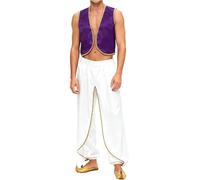 Miutii Costume de prince arabe en satin pour homme - Veste + pantalon sarouel oriental - Costume de danse du ventre - Halloween - Costume de carnaval - Violet et blanc - Taille XL
