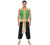 Miutii Costume de prince arabe pour homme - Costume de voleur - Lampe miracle - Gilet médiéval en satin - Veste en satin + pantalon sarouel - Pour carnaval - Vert et noir - Taille 3XL