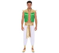Miutii Costume de prince arabe pour homme - Costume de voleur - Lampe miracle - Gilet médiéval - Veste en satin + pantalon sarouel - Pour carnaval - Vert et blanc - Taille XL