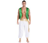 Miutii Costume de prince arabe pour homme - Veste en satin + pantalon d'Aladin - Vêtement arabe - Lampe miracle - Costume de carnaval - Vert et blanc - Taille XXL