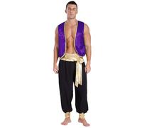 Miutii Costume de prince arabe pour homme - Veste en satin + pantalon d'Aladin - Vêtement arabe - Lampe miracle - Costume de carnaval - Violet foncé et noir - Taille L