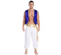 Miutii Costume de prince arabe pour homme - Veste en satin + pantalon d'Aladin - Vêtement arabe - Lampe miracle - Costume de carnaval - Bleu et blanc - Taille 3XL