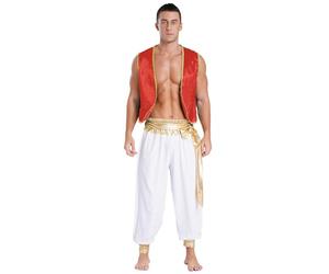 Miutii Costume de prince arabe pour homme - Veste en satin + pantalon d'Aladin - Vêtement arabe - Lampe miracle - Costume de carnaval - Bordeaux et blanc - Taille L