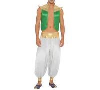Miutii Costume de prince arabe pour homme - Veste en satin + pantalon sarouel - Lampe miracle - Costume de carnaval - Vert et blanc - Taille M