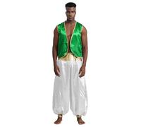 Miutii Costume de prince arabe pour homme - Veste en satin + pantalon sarouel - Vêtement arabe - Lampe miracle - Costume de carnaval - Vert et blanc - Taille L
