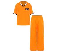 Miutii Costume de prisonnier orange pour garçons et filles - T-shirt à manches courtes avec pantalon - Tenue d'Halloween - Carnaval - Orange - 122-128 cm