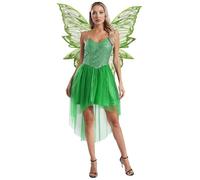 Miutii Robe de fée à paillettes pour femme avec papillons, ailes de fée, fée de la forêt, costume de fée, cosplay, Halloween, carnaval, costume de carnaval, C, vert, taille S