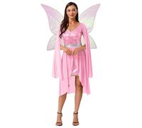 Miutii Robe de fée à paillettes pour femme avec papillons, ailes de fée, fée de la forêt, costume de princesse, costume de fée, cosplay, Halloween, carnaval, costume de carnaval, taille D rose, taille