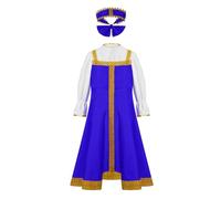 Miutii Robe de fête traditionnelle russe pour fille - Manches bouffantes avec chapeau - Robe de princesse - Robe d'anniversaire - Bleu - Taille 146-152