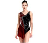 Miutii Robe de patinage artistique pour femme avec paillettes, jupe asymétrique patchwork, Rouge vif, S