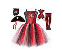 Miutii Robe de pirate pour fille - Robe en tulle avec chapeau de pirate - Accessoire pour Halloween et carnaval - Rouge - 92-98 cm