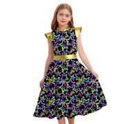 Miutii Robe de princesse pour fille - Imprimé licornes - Avec manches - Ligne A - Robe d'été - Robe de vacances d'anniversaire - Robe de fête, or, 158-164