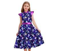 Miutii Robe de princesse pour fille - Imprimé licornes - Avec manches - Ligne A - Robe d'été - Robe de vacances d'anniversaire - Robe de fête, Violet, 170-176