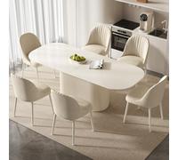 Miuuod Ensemble de table de salle à manger de 220 cm en blanc crème pour 6 personnes, grande table de cuisine avec 6 chaises, table rectangulaire en bois pour salle à manger, base ovale moderne, style