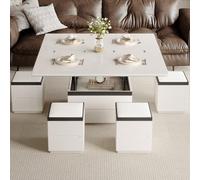Miuuod Table Basse relevable pour Salon, Table Centrale à Plateau Levant, Table à Manger Extensible avec Compartiment et 4 tabourets, Bureau Moderne, Blanc