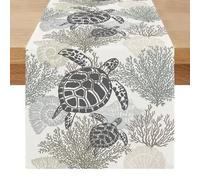 Miuyunya Chemin de Table Beige Moderne Été Centre de Table Decorative Élégamment Étoile de Mer Tortues Océan Exterieur Impermeable Lavable Lin Décoration pour Fête Manger Vacances 40 x 140 cm