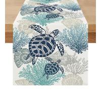 Miuyunya Chemin de Table Bleu Moderne Été Centre de Table Decorative Élégamment Étoile de Mer Tortues Océan Exterieur Impermeable Lavable Lin Décoration pour Fête Manger Vacances 40 x 100 cm