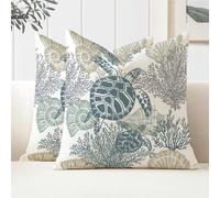 Miuyunya Housse de Coussin Océan 40 x 40 Taie d'oreiller Lot de 2 Tortue Hippocampe Housse Coussin en Polyester Exterieur Impermeable Coussin Decoratif Canape Carré pour Patio Jardin (Bleu)