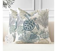 Miuyunya Housse de Coussin Océan 45 x 45 Taie d'oreiller Lot de 2 Tortue Hippocampe Housse Coussin en Polyester Exterieur Impermeable Coussin Decoratif Canape Carré pour Patio Jardin (Bleu)
