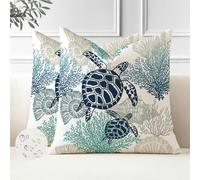 Miuyunya Housse de Coussin Océan 45 x 45 Taie d'oreiller Lot de 2 Tortue Hippocampe Housse Coussin en Polyester Exterieur Impermeable Coussin Decoratif Canape Carré pour Patio Lit Voiture (Vert)